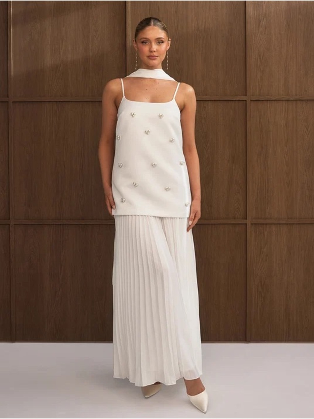 Pearl Embellished Maxi Dress with Neck Scarf - White